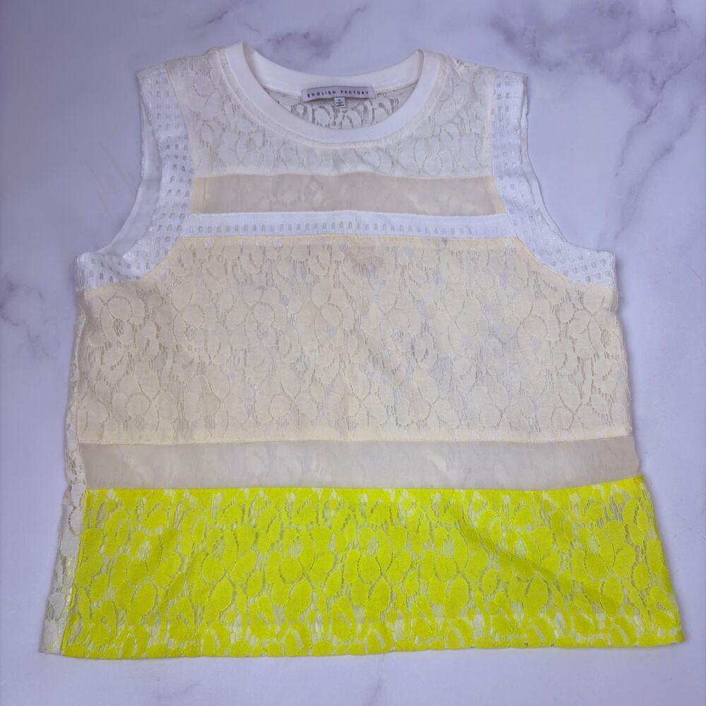 English Factory Vintage White & Cream & Yellow Trim Lace Blouse Boho Chic Size M